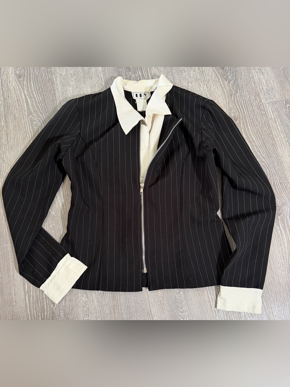 Vintage DBY Black Pinstripe Zip-Up Jacket with Contrast Collar / Size M